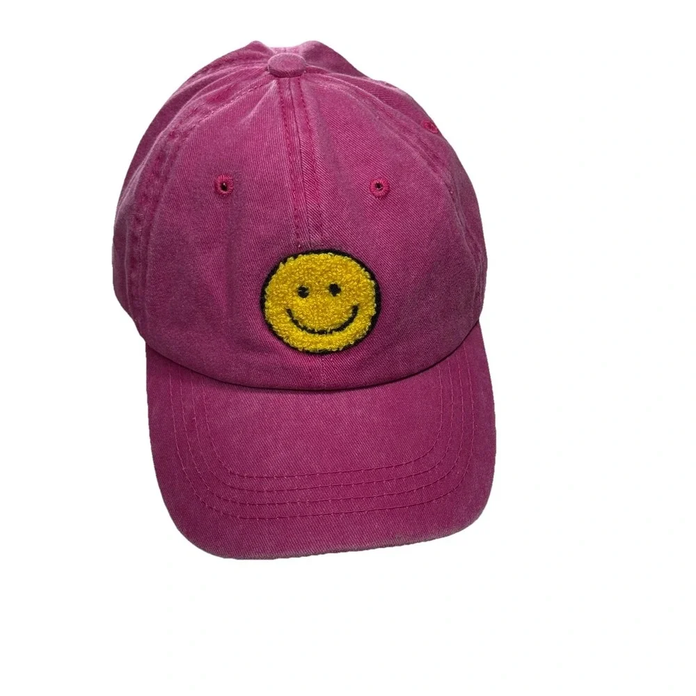 Pink Washed Cotton Baseball Cap Yellow Embroidered Smiley Face Patch Strap Back